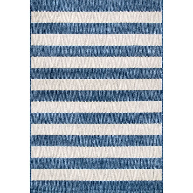 Alexis Blue and Ivory Striped Synthetic 3' x 5' Indoor/Outdoor Rug
