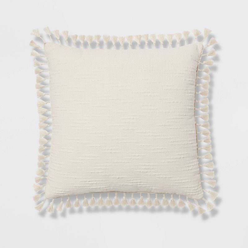 Off-White Cotton Tassel Square Throw Pillow