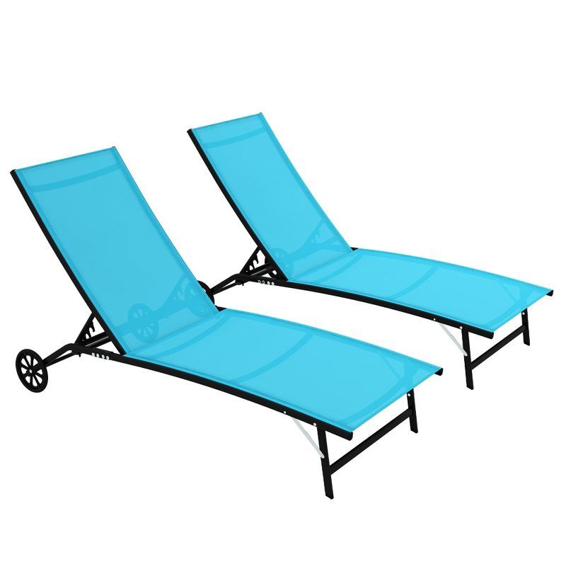 Set of 2 Blue Mesh Outdoor Chaise Loungers with Adjustable Backrest