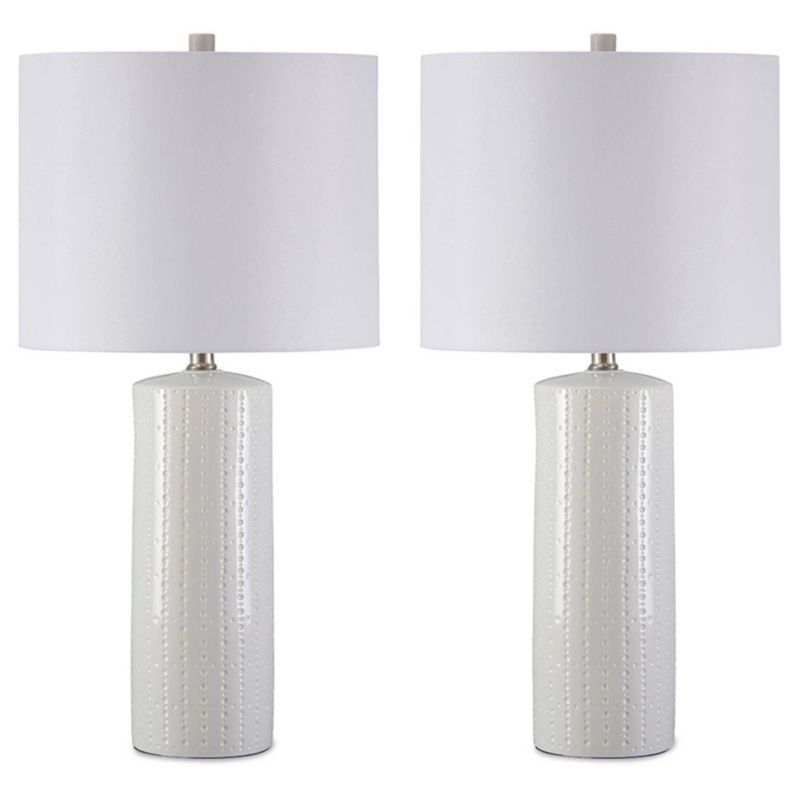 Steuben White and Gray Ceramic Table Lamp Set with Fabric Shade