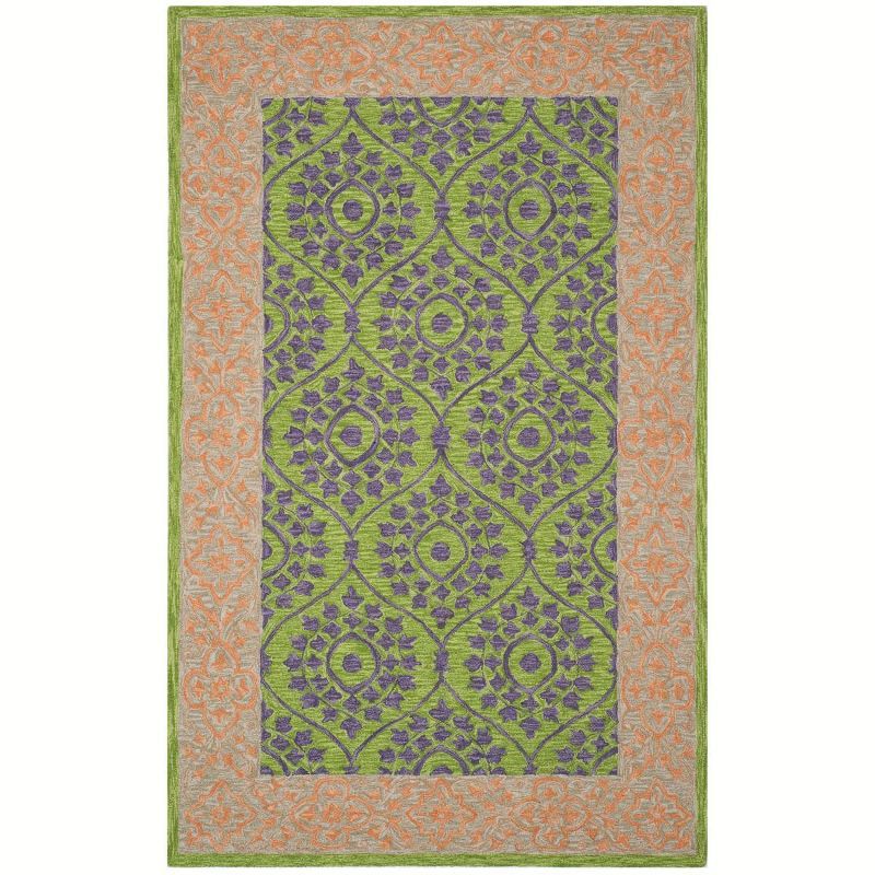 Green and Violet Floral Wool Area Rug, 5' x 8'
