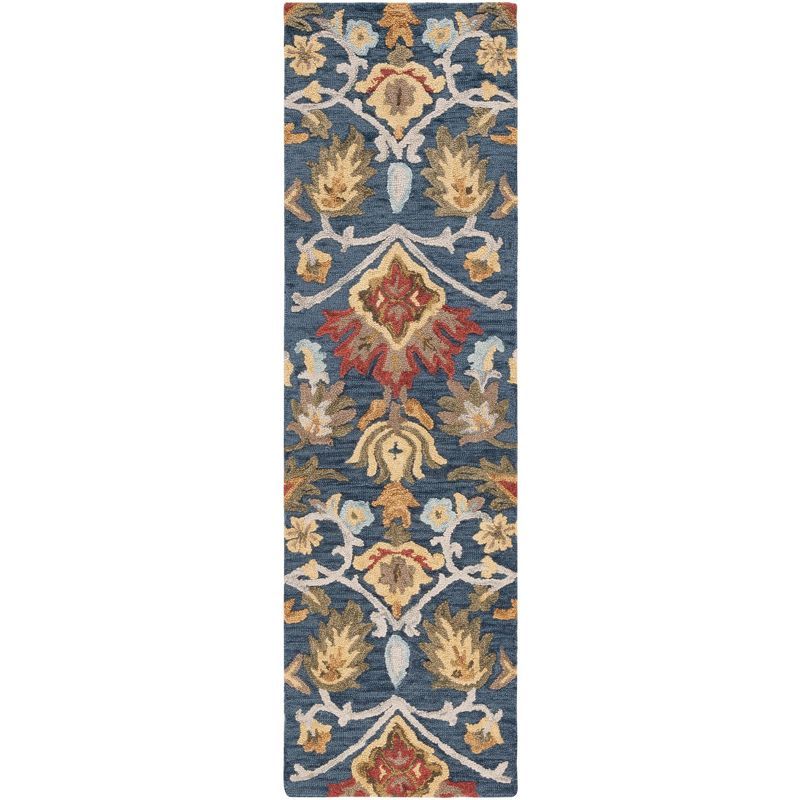 Navy and Multicolor Handmade Wool Floral Runner Rug