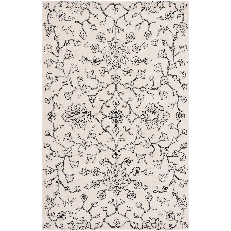 Ivory and Black Floral Hand-Tufted Wool Area Rug 4' x 6'