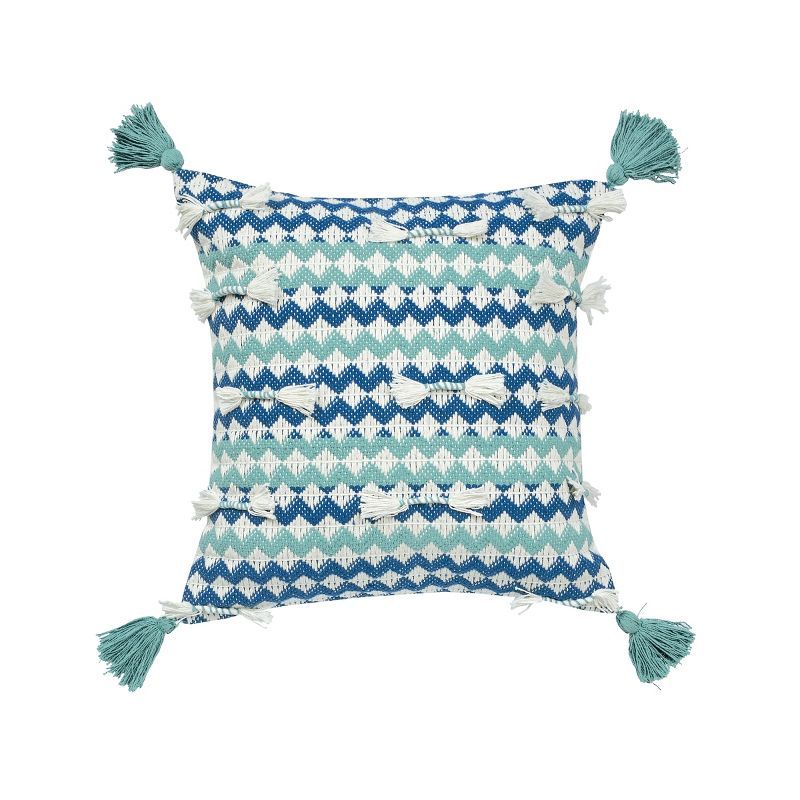 22'' Blue and White Cotton Zigzag Throw Pillow with Tassels