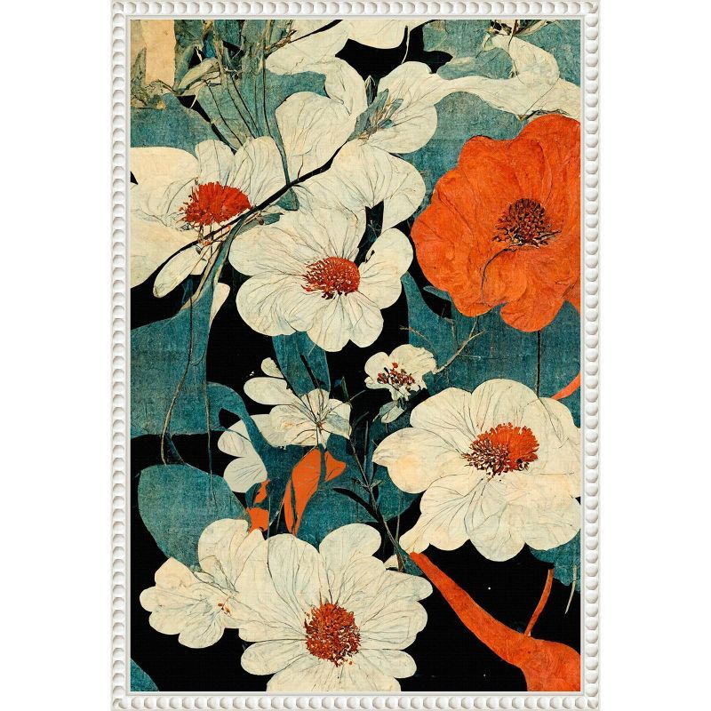 Asian Flowers Beaded Framed Canvas Wall Art Print