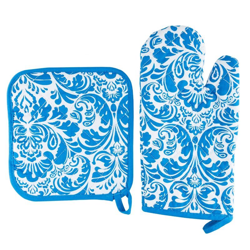 Blue and White Quilted Cotton Oven Mitt and Pot Holder Set