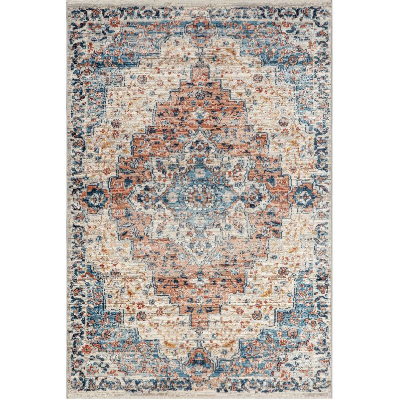 Rust and Blue Medallion Synthetic Area Rug, 6' 7" x 9'