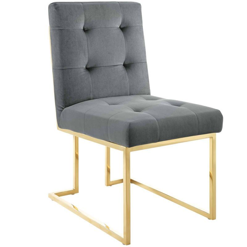 Gray Velvet Tufted Dining Chair with Gold Stainless Steel Base