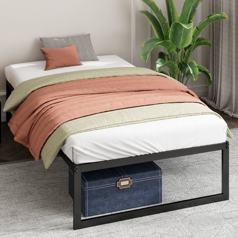 Twin Black Metal Upholstered Platform Bed with Drawer and Slats