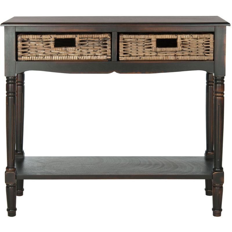 Transitional Brown Pine Console Table with Rattan Drawers