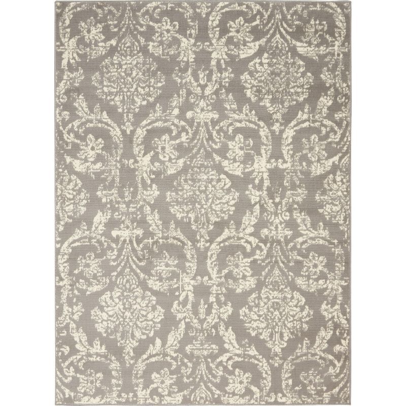 Gray and Ivory Damask 5'3" x 7'3" Synthetic Area Rug