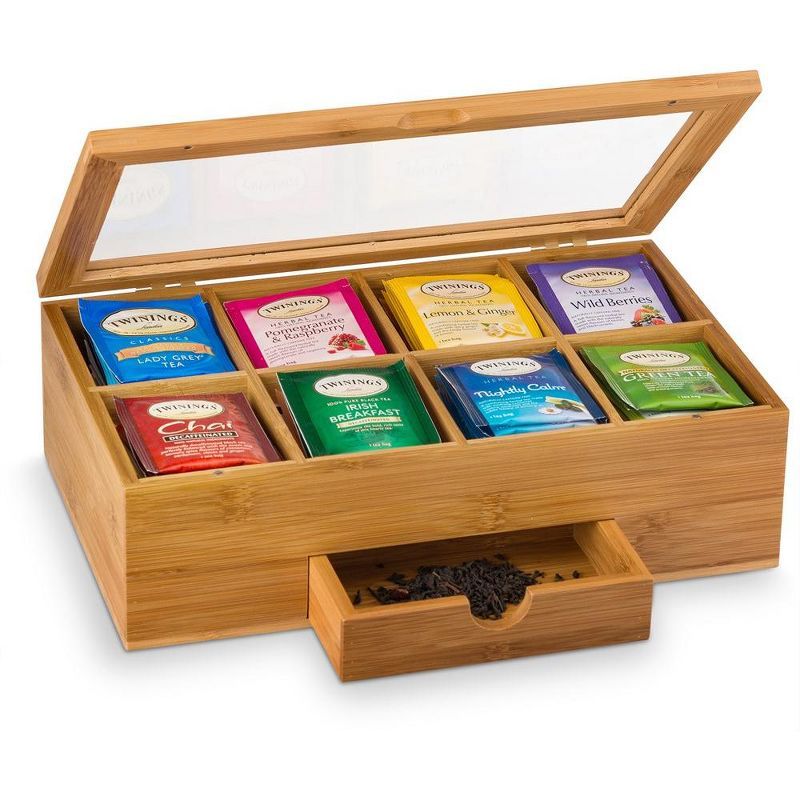 Natural Bamboo Tea Bag Organizer with Acrylic Window and Drawer