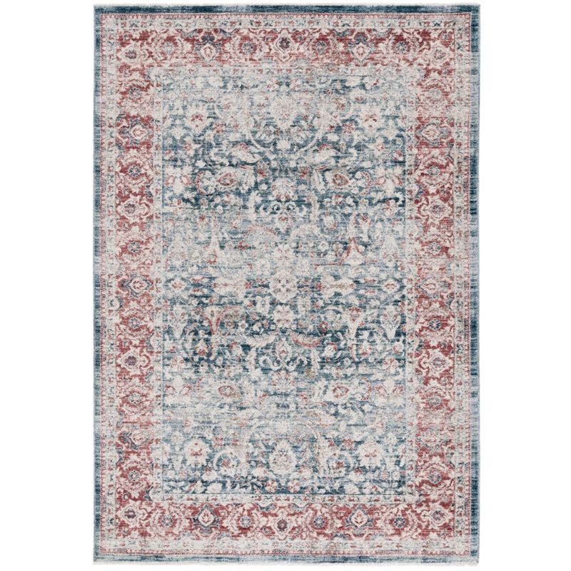 Blue and Rust Hand-Knotted Rectangular Synthetic Area Rug