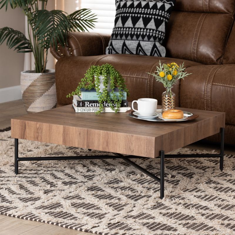 Savion Square Walnut Wood and Black Metal Coffee Table