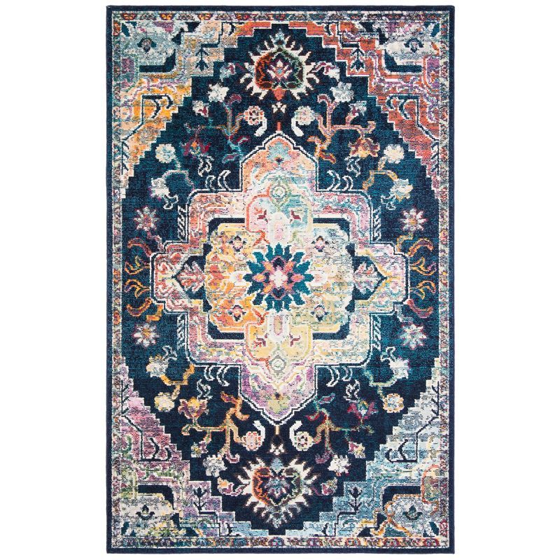 Navy and Fuchsia Floral Synthetic Area Rug