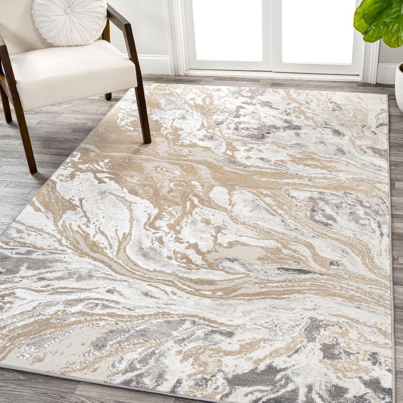 Marbled Swirl Ivory and Charcoal 5'x8' Synthetic Area Rug