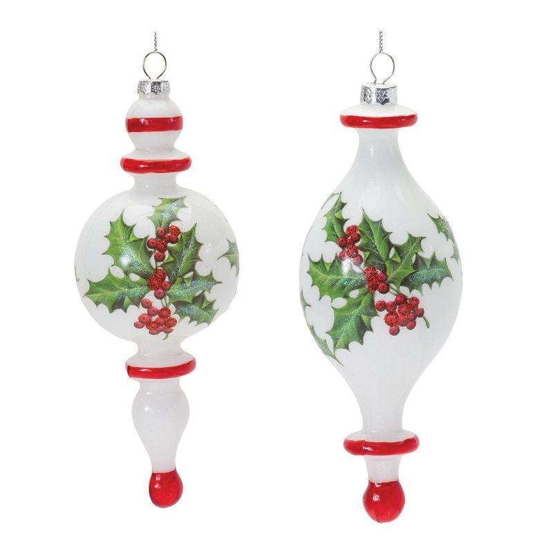 Holly Finial Drop Glass Ornaments Set of 6