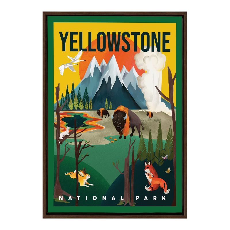 Yellowstone Park Vintage Landscape Canvas Print with Brown Frame