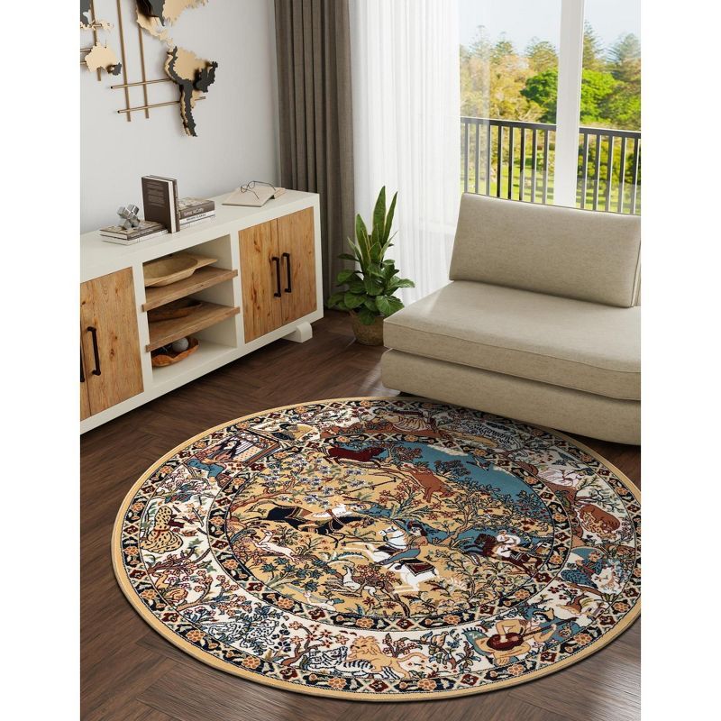 Round Tan and Blue Synthetic Stain-Resistant Area Rug