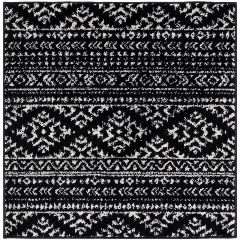 Ivory and Black Geometric Square Synthetic Area Rug