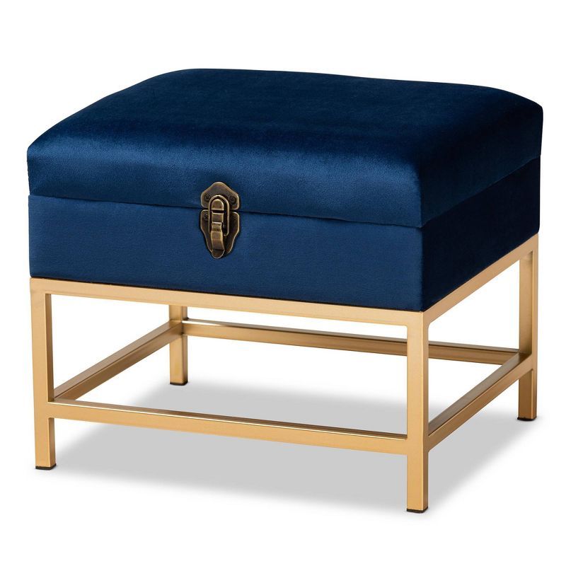 Navy Blue Velvet Tufted Storage Ottoman with Gold Metal Legs