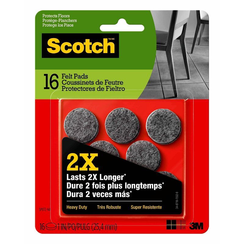 Scotch Heavy Duty 1 Inch Gray Felt Pads, 16 Pack