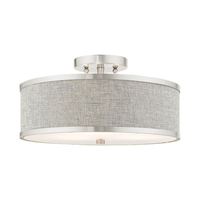 Brushed Nickel 3-Light Semi-Flush Drum Ceiling Fixture with Handcrafted Gray Fabric Shade