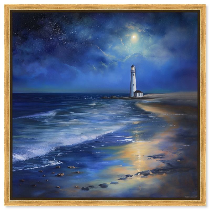 Lighthouse at Night Coastal Canvas Art with Gold Frame, 13" x 13"