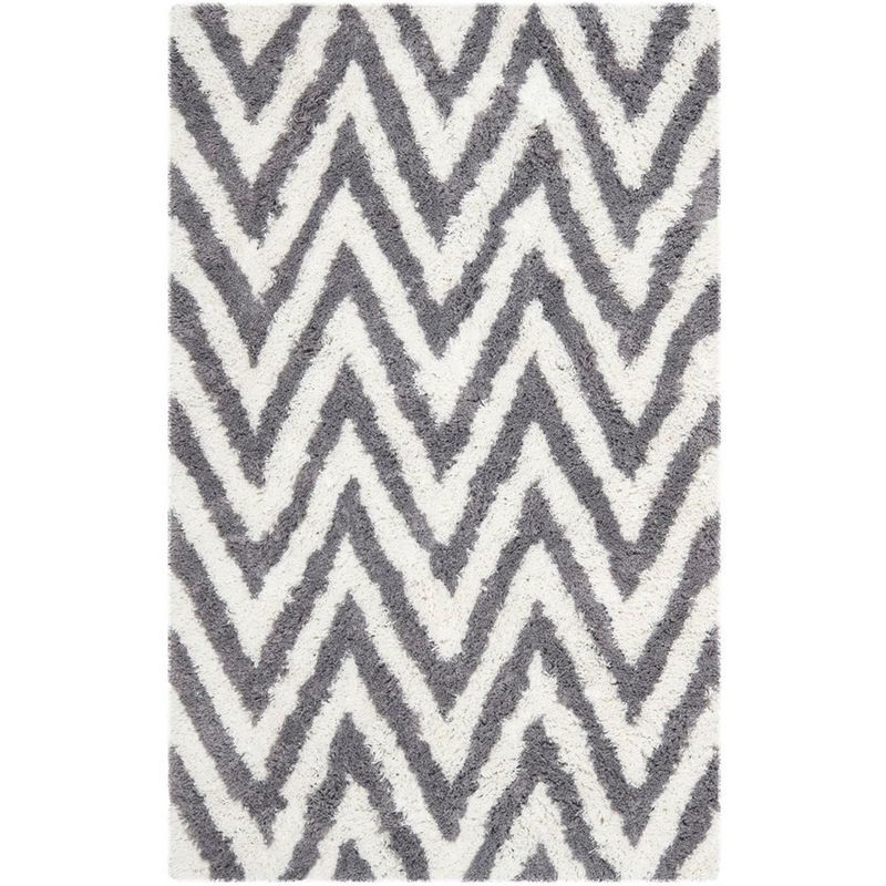 Ivory and Grey Hand-Tufted Chevron Shag Rug, 6x9 ft