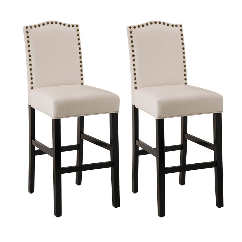 Set of 2 Cream White Leatherette Studded Barstools with Wood Legs