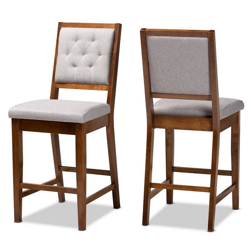 Elegant Grey Fabric and Walnut Brown Wood Counter Stool Set