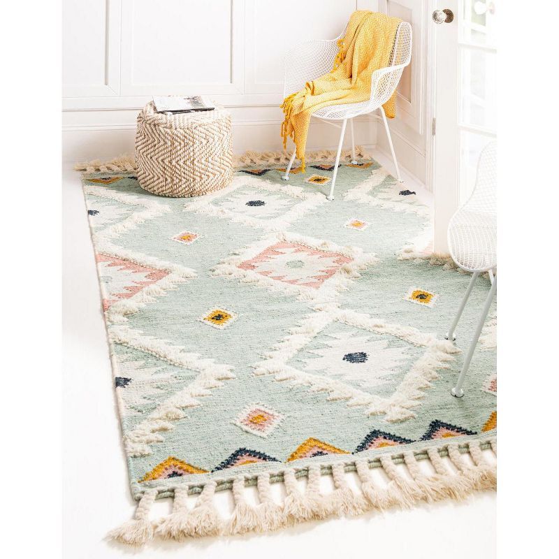 Light Aqua Geometric Hand-knotted Wool Area Rug