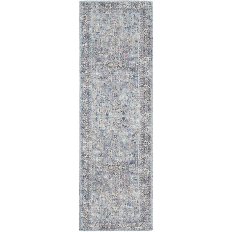 Light Grey/Blue Floral Cotton Chenille Reversible Area Rug 2'2" x 8'