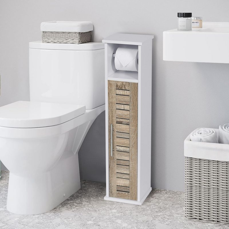 Compact White and Oak Freestanding Bathroom Storage Cabinet