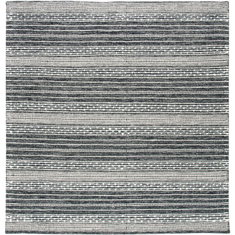 Boho-Chic Black and Ivory Striped Kilim 3' Square Wool-Cotton Rug