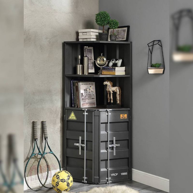 Industrial Black Metal Lighted Curio Cabinet with Glass Doors