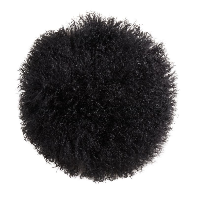 Black Round Mongolian Lamb Fur Throw Pillow with Poly Filling