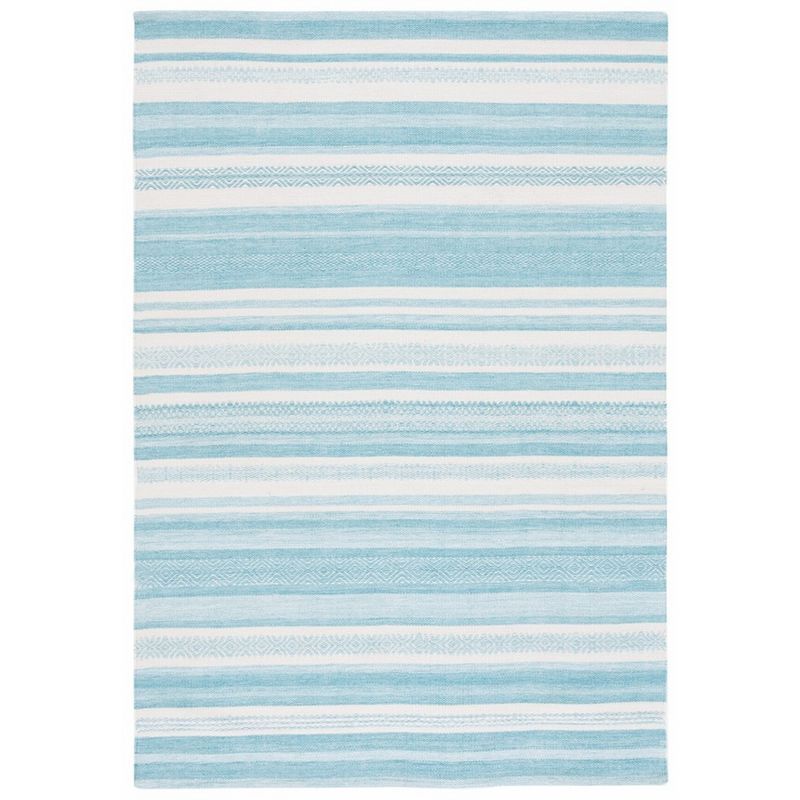 Ivory and Turquoise Striped 4' x 6' Flat Woven Wool Rug