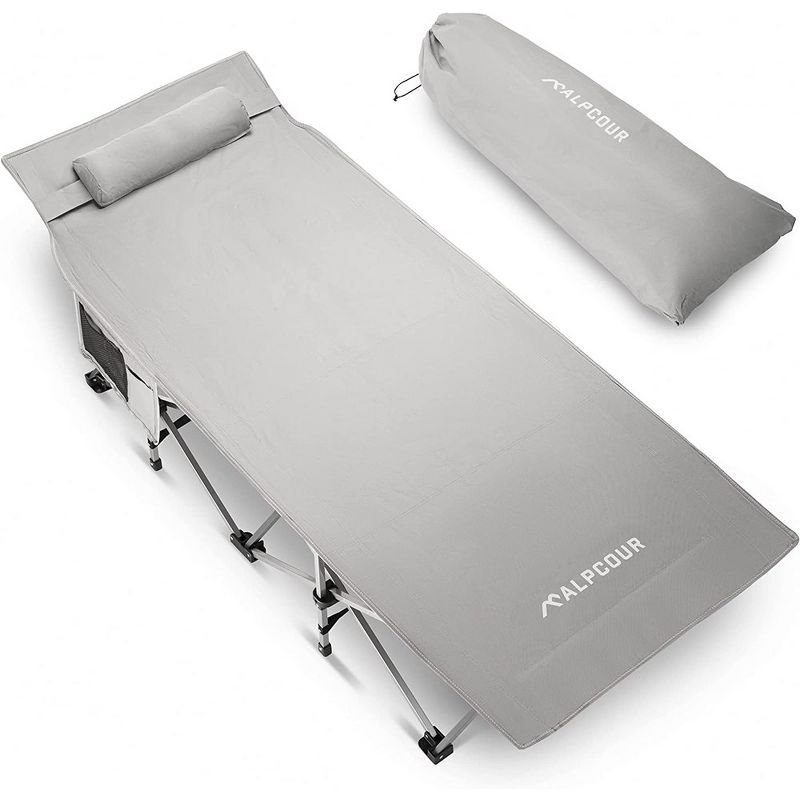 Alpcour XL Gray Folding Camping Cot with Pillow and Steel Frame