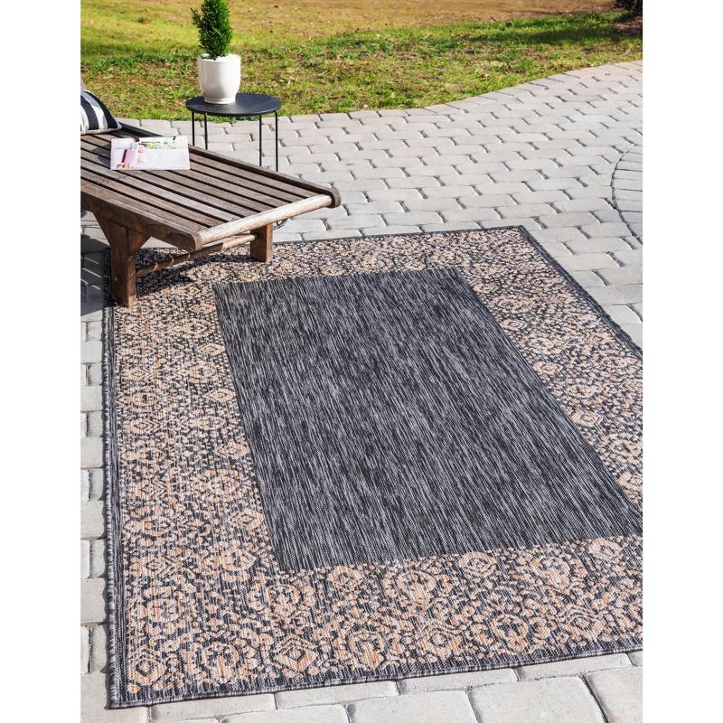 Charcoal Gray Floral Border Outdoor Rectangular Rug