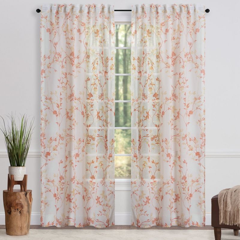 Orange Floral Sheer Polyester Window Curtain Panels, 52" x 108"