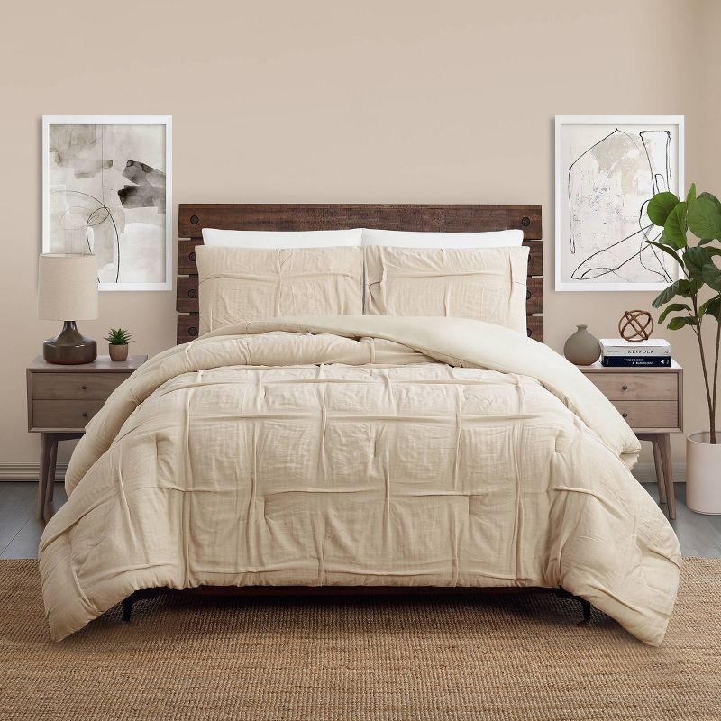 King Cream Cotton Linen Reversible 3-Piece Comforter Set