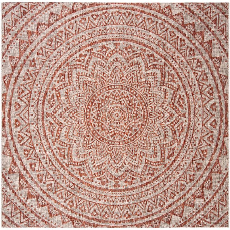 Light Beige and Terracotta Square Synthetic Indoor/Outdoor Rug