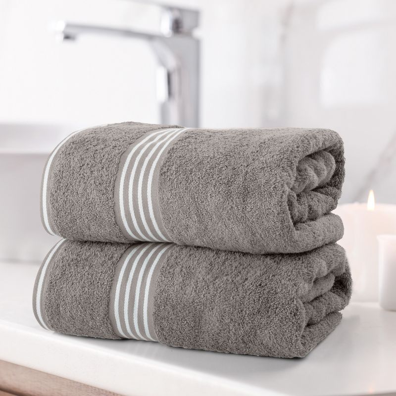 Oversized Light Gray Cotton Bath Towels with White Stripes, Set of 2