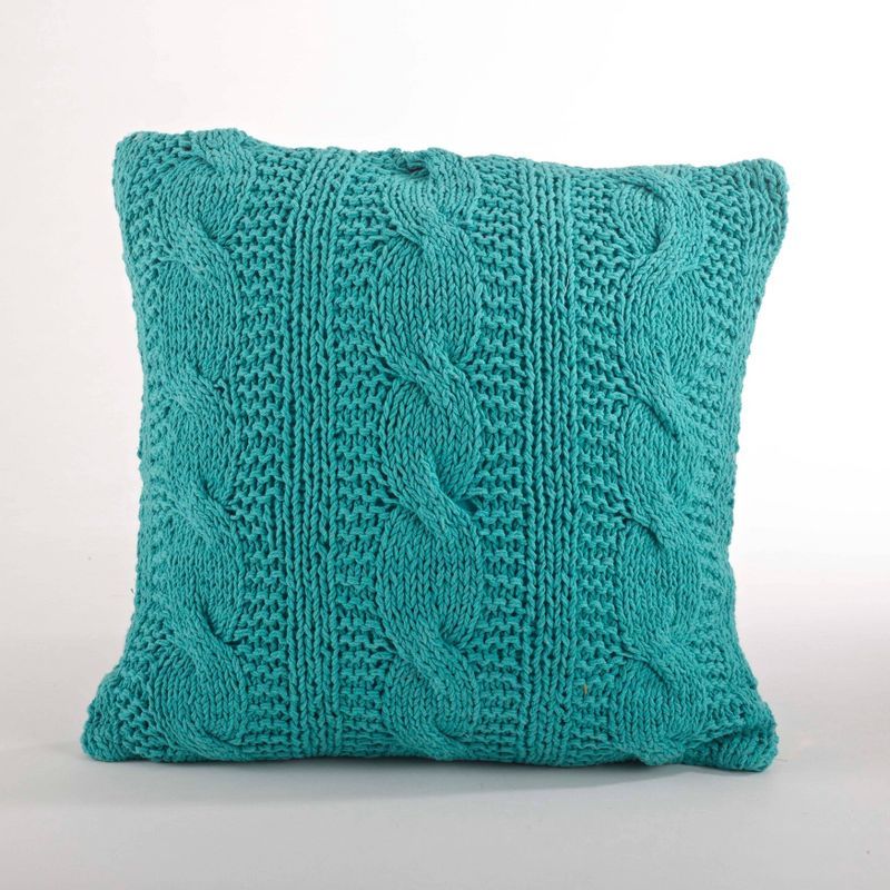 Turquoise Cable Knit Cotton Square Throw Pillow