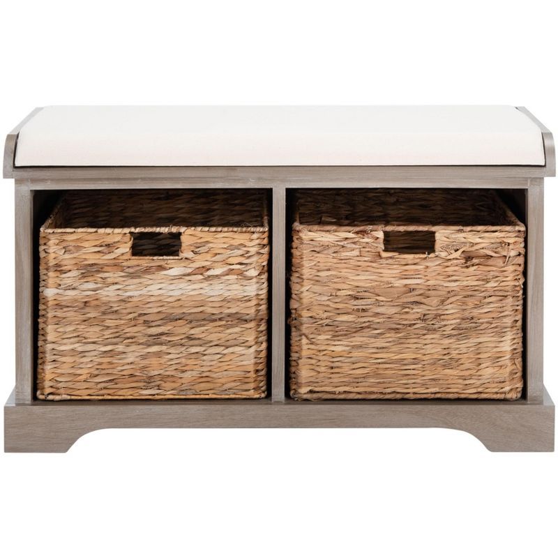 Transitional 34" Brown Pine Wood Storage Bench with Linen Cushion