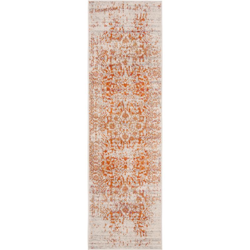 Ivory and Orange Distressed Medallion Runner Rug