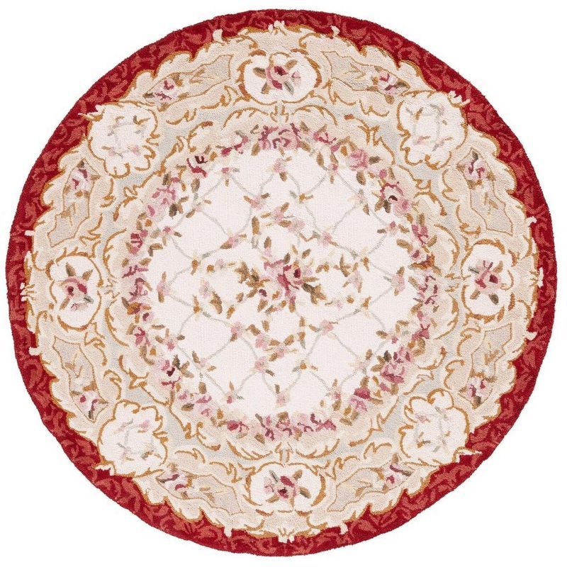 Ivory and Burgundy Floral Hand-Hooked Wool Round Rug