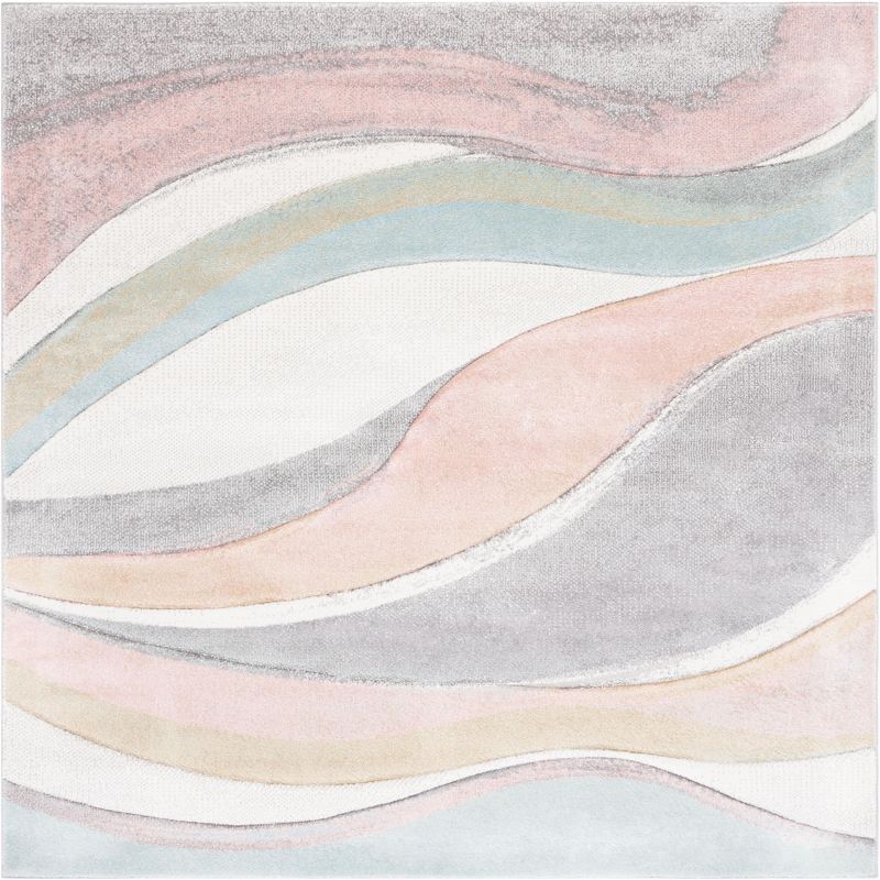 Grey and Pink Mid-Century Modern Synthetic Square Rug