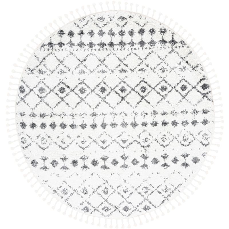 Cream and Dark Grey Round Trellis Shag Area Rug